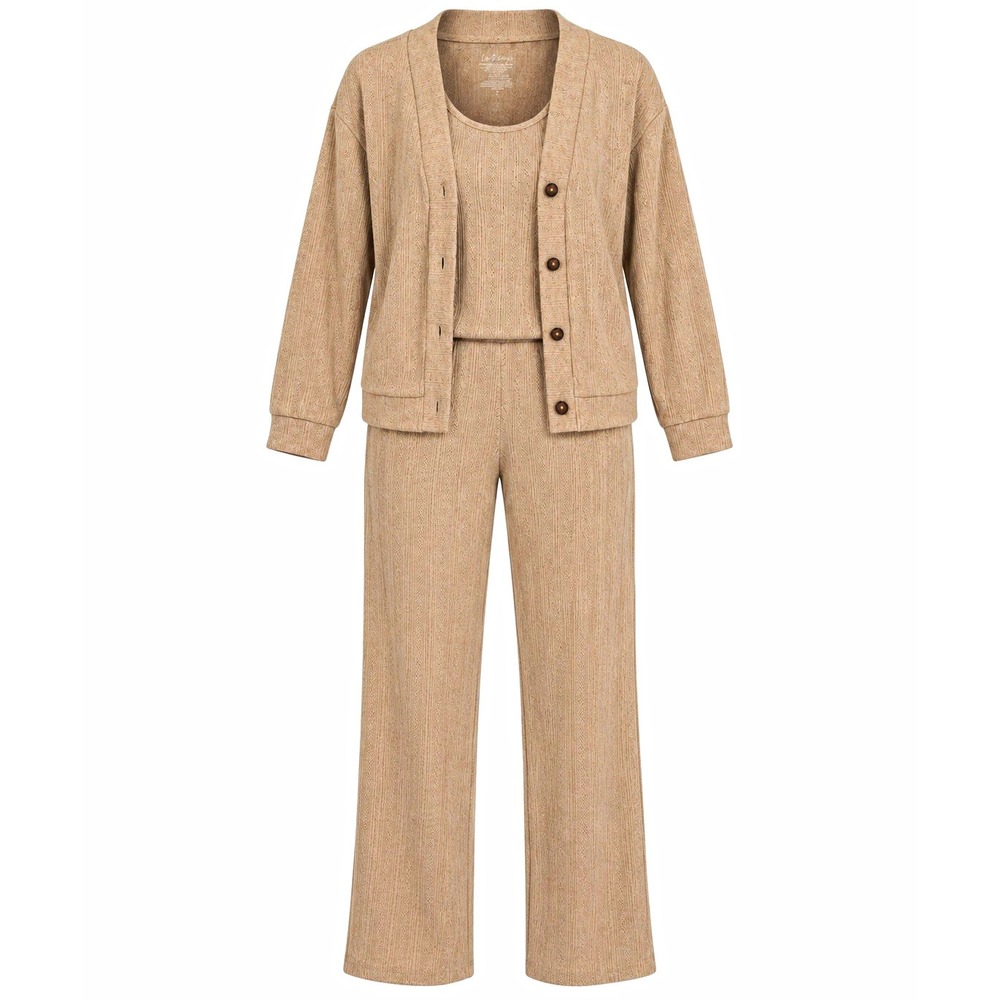Live 2 Lounge 3 Piece Lounge Set Womens L Cardigan Tank Wide Leg Pants Beige